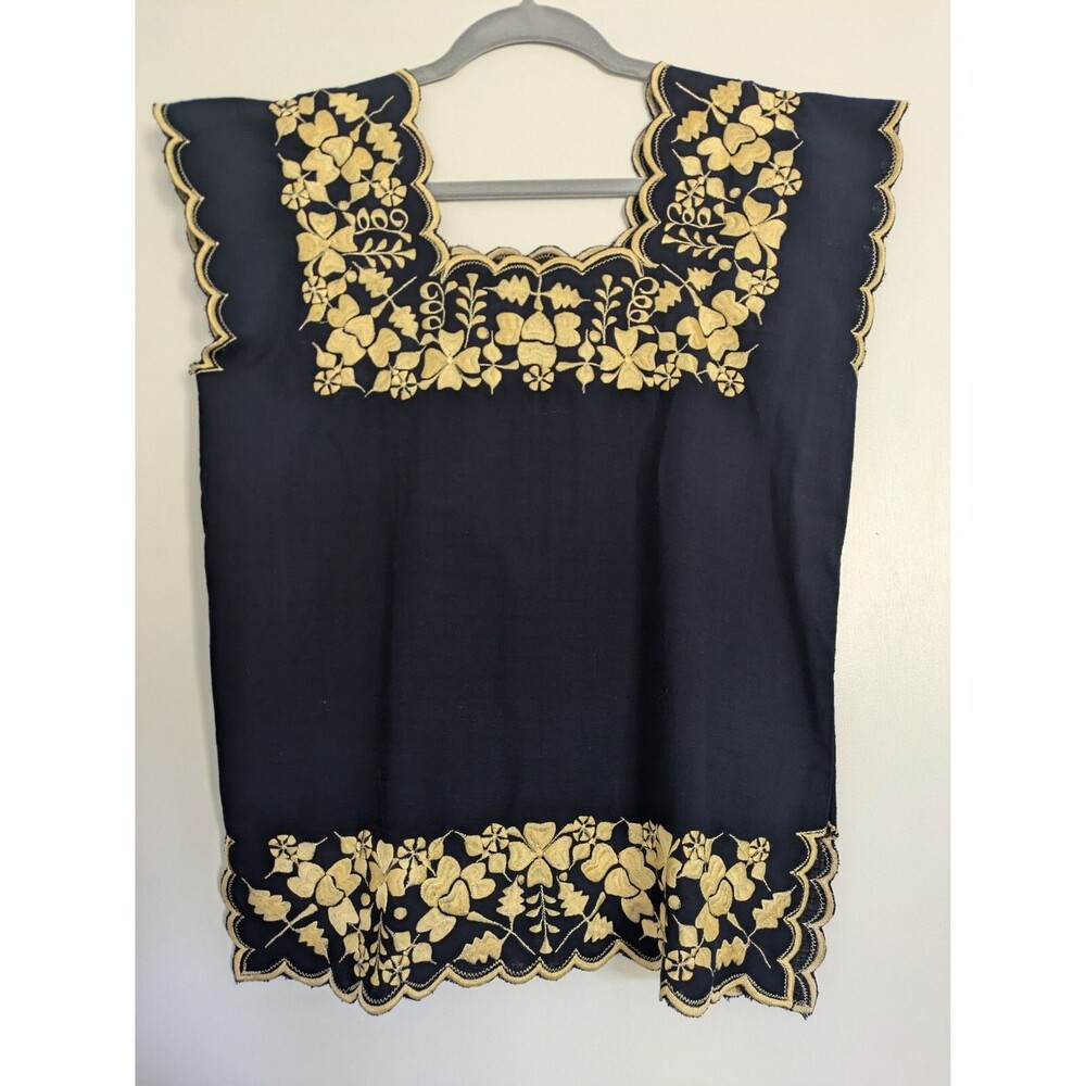 Women Mexican Embroidered Navy Gold Top Floral Sz Small (EU 34)  Anthropologie